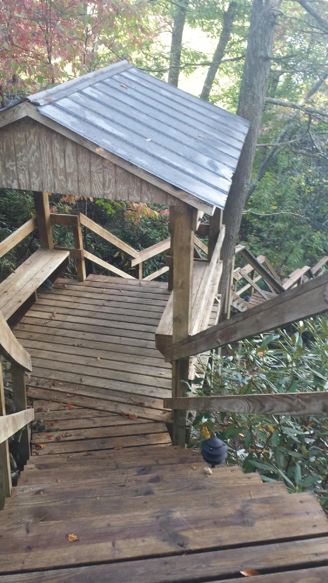 Metal roofed shelter over wooden steps on a wooded walkway — Skylight Repair & Installation work by our crew in Pursglove